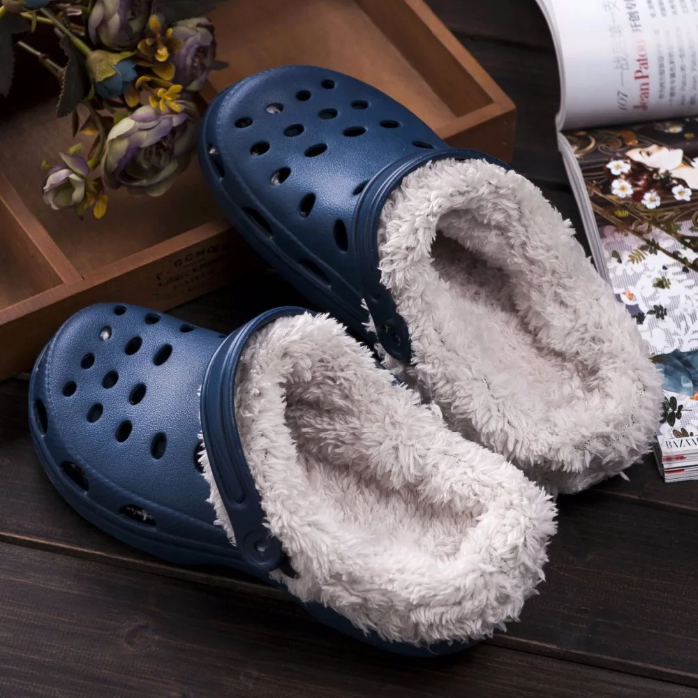 

2017 Winter Mens Fur Clogs Plus Size 3 Color Warm Men's Garden Slippers EVA Waterproof Shoes 42-46