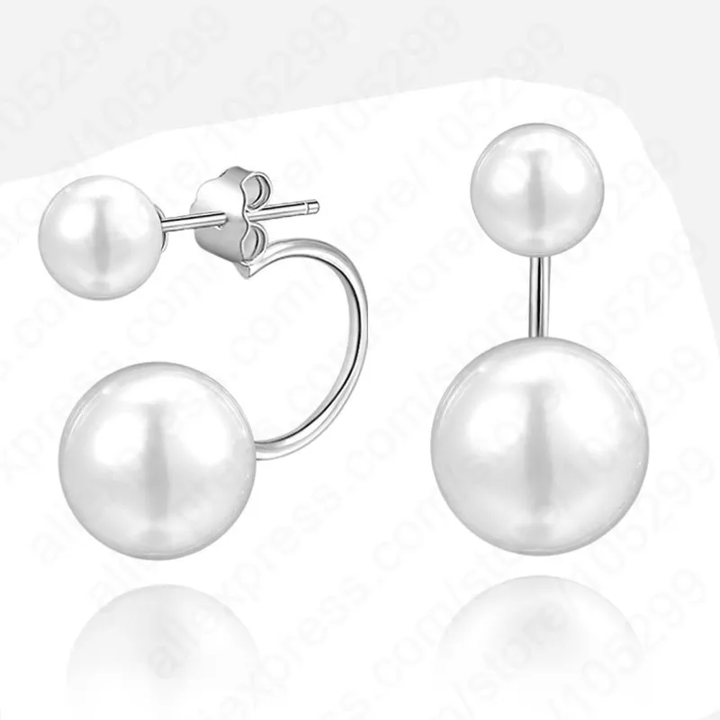 

New Arrival Real Pure 925 Sterling Silver Double Round Simulated Pearl Beads Stud Earrings Jewelry Nice Party Gift