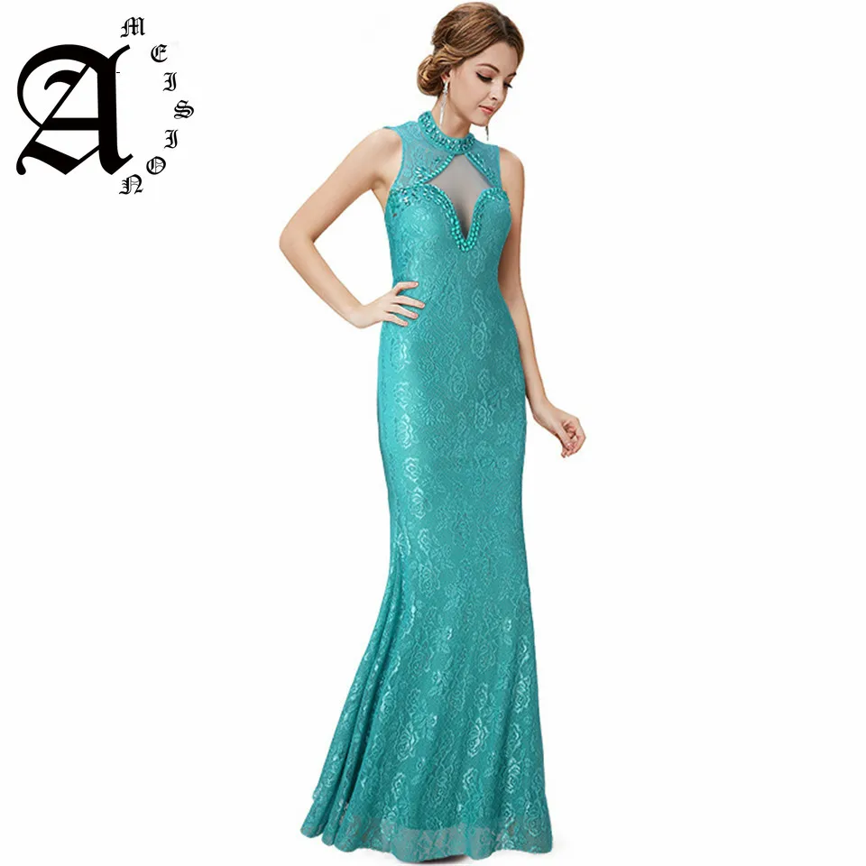 

Elegant Lace Illusion Floor-length Zipper evening dresses Party gowns Royal Crystal Halter Sleeveless Trumpet Prom dress
