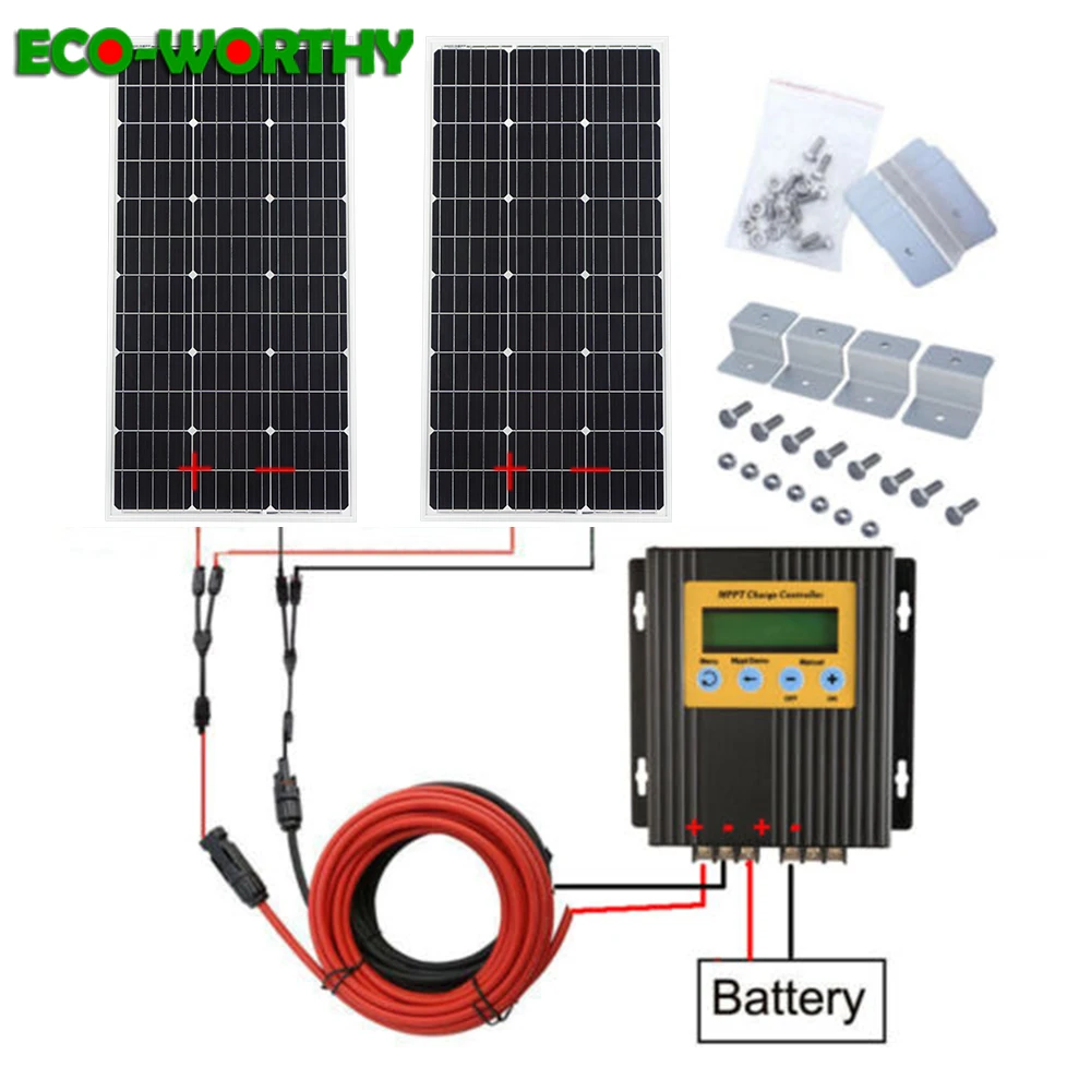 

ECOWORTHY 200W solar energy system: 2pcs 100W mono solar panel& 20A MPPT controller& 5m black red cable Z charge FOR 12V battery