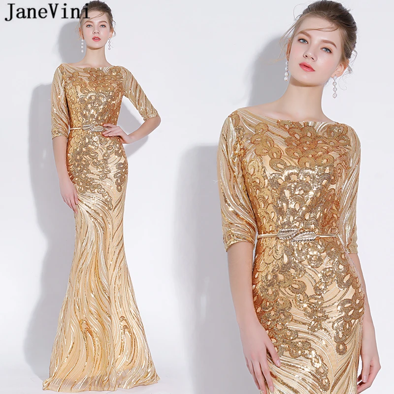 

JaneVini Sparkly Mermaid Sequins Gold Long Bridesmaid Dresses with Sashes Scoop Neck Half Sleeve Illusion Sexy Formal Prom Gowns
