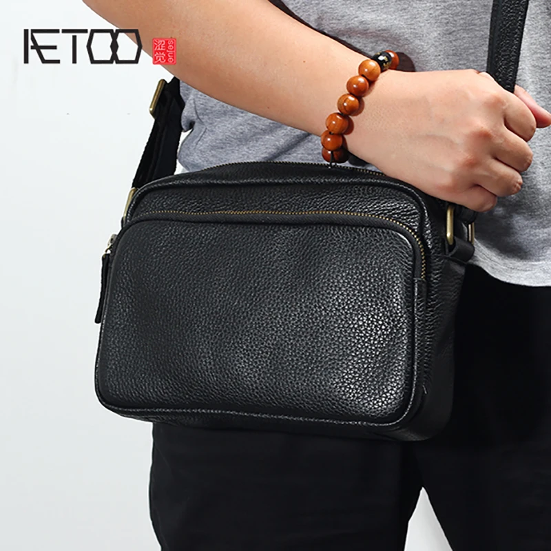 

BJYL New Male bag leather shoulder bag male head layer cowhide casual bag men mini oblique Cross small bag