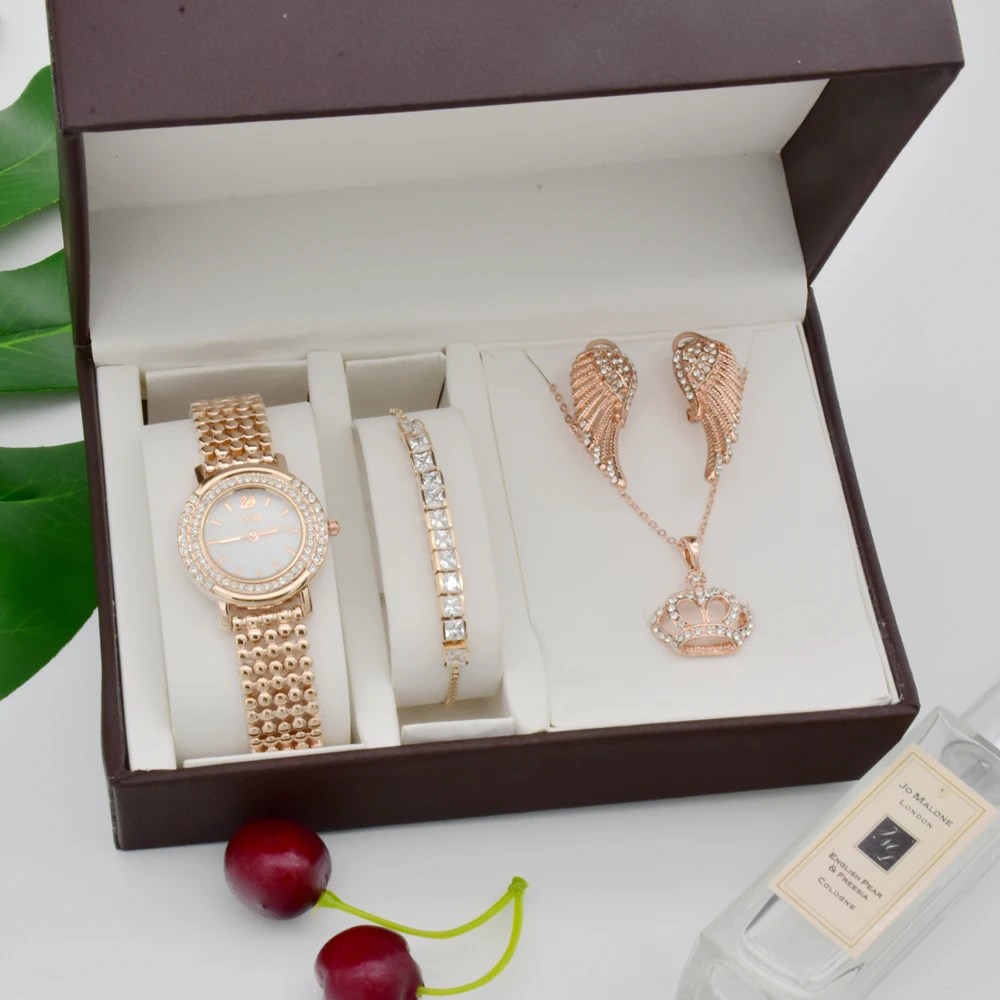 

Women Crystal Watch Bracelet Necklace Earring Set Female Top Brand Jewelry Set Fashion Quartz Watch Lady's Women's Mother's Gift