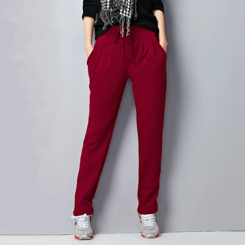 Женские брюки, Осень-зима, большие размеры, свободные женские штаны с эластичной резинкой на талии, однотонные повседневные теплые плотные женские повседневные штаны, 6XL - Цвет: Wine red