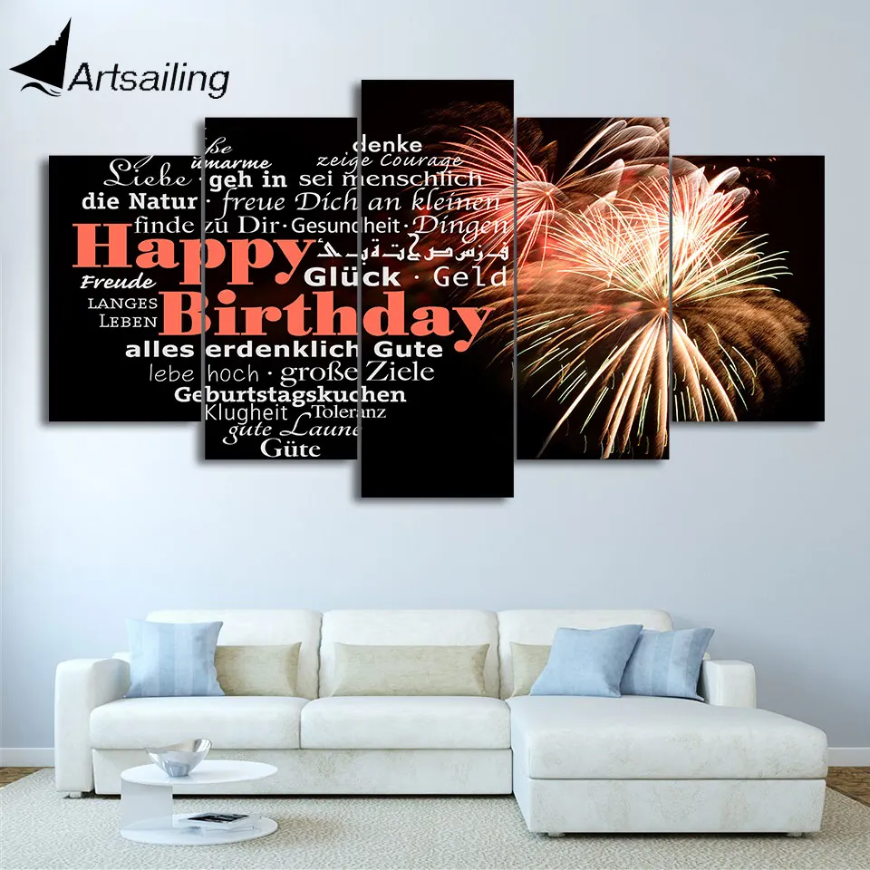 Toile D Art Imprimee Hd 5 Pieces Peinture De Feu D Artifice Joyeux Anniversaire Images Murales De Coeur D Amour Pour Salon Livraison Gratuite Ny 7159b Aliexpress