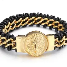 8,6"* 17 мм 106 г хип-хоп черный плетеный браслет из натуральной кожи Ювелирные изделия 316L Нержавеющая сталь Золотой Лев Король мужской браслет