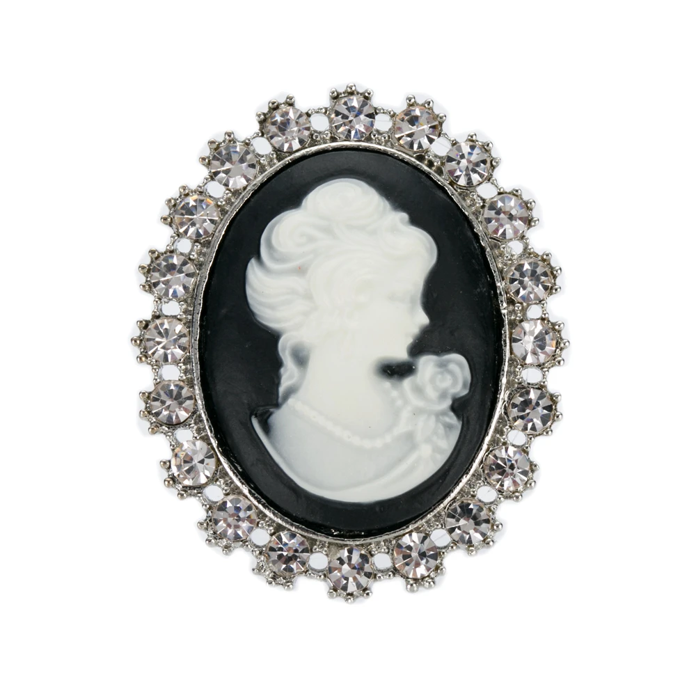 

Vintage Style Rhodium Silver Tone Rhinestone Crystal and Cameo Brooch