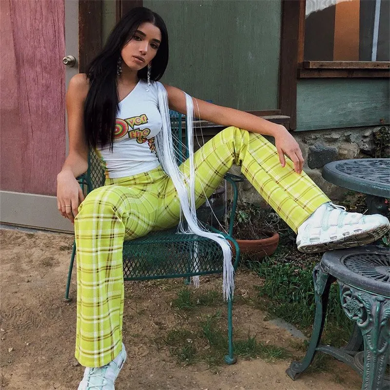 Fashion Women Pockets Zipper Trousers Hip Pop Pantalon Gingham Full Length Plaid Pant Loose High Waist Straight Pants Streetwear Pants