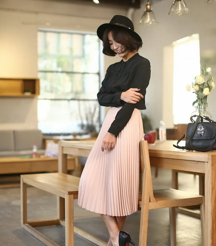 2019 Новинка весны модные женские Высокая талия корейский элегантный однотонная плиссированная Половина Длина эластичная юбка черный