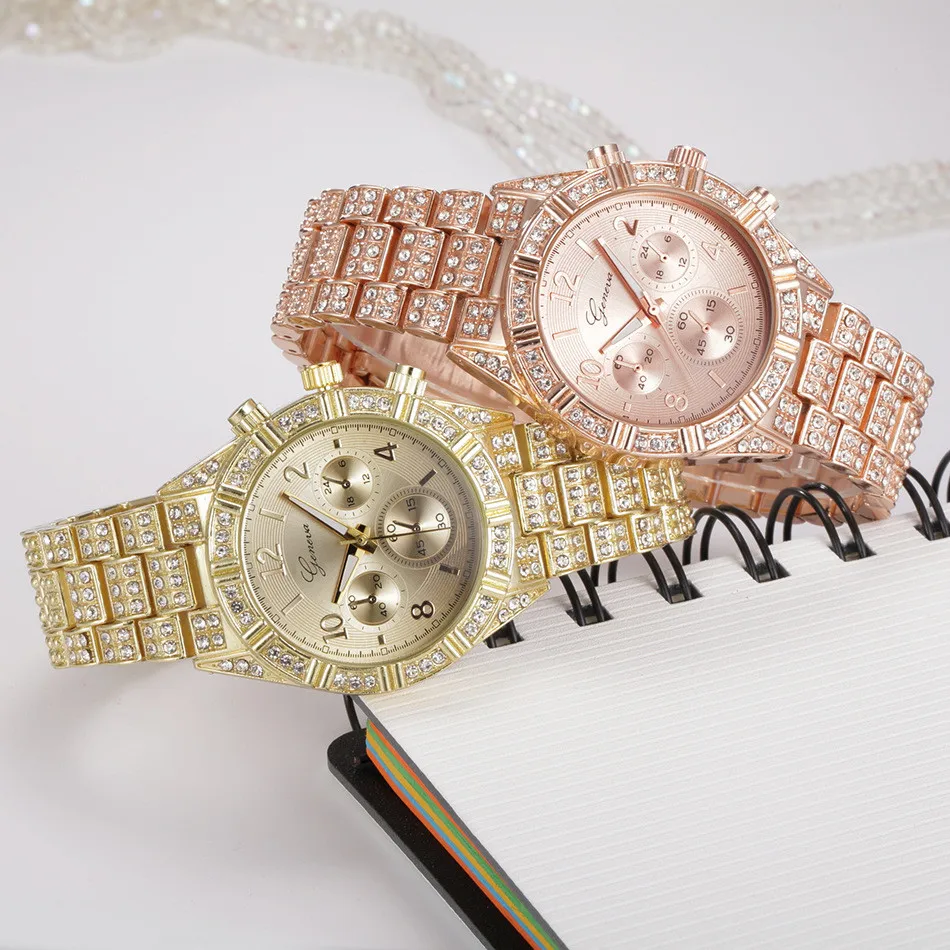 Модные женские часы браслет из нержавеющей стали женские часы GENEVA Роскошные Кварцевые аналоговые часы с бриллиантами Подарки для женщин