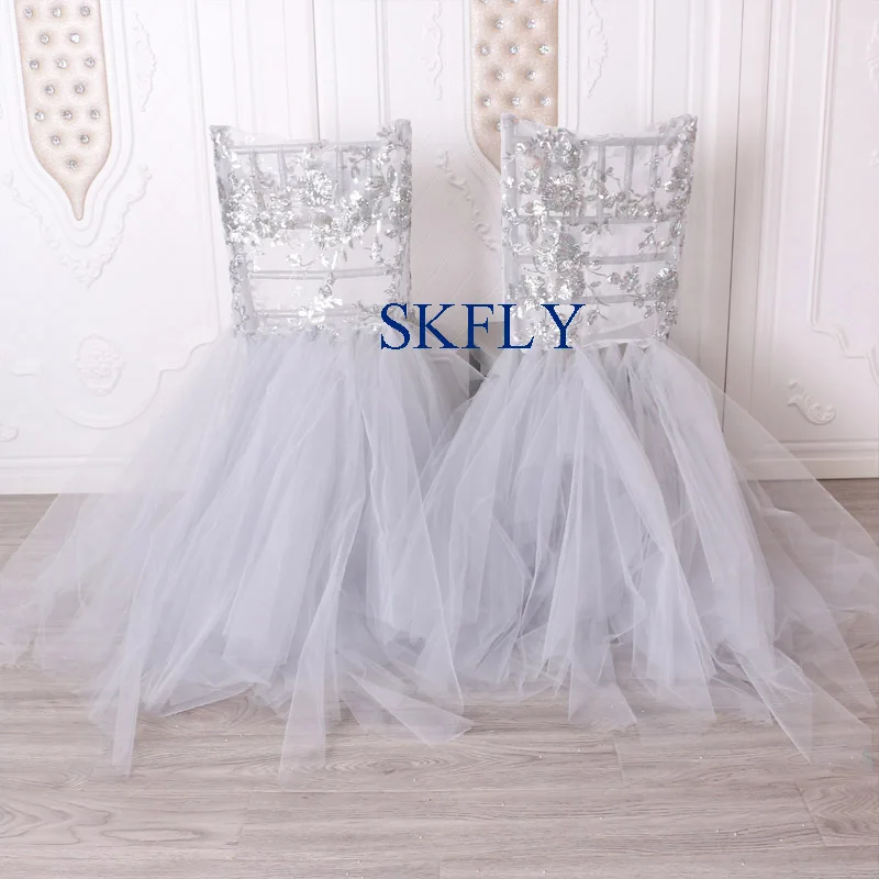 

CH126A new fancy wedding supplier tutu silver grey very puffy tulle and floral sequin standard chiavari chair covers