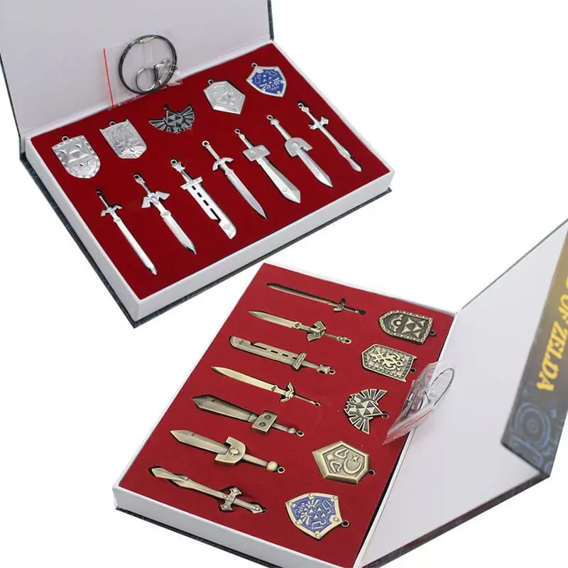 

12Pcs Zelda Legend Sword Shield Keyring Pendant Set Boxed Weaponry Library Necklace Trinkets Around The Game