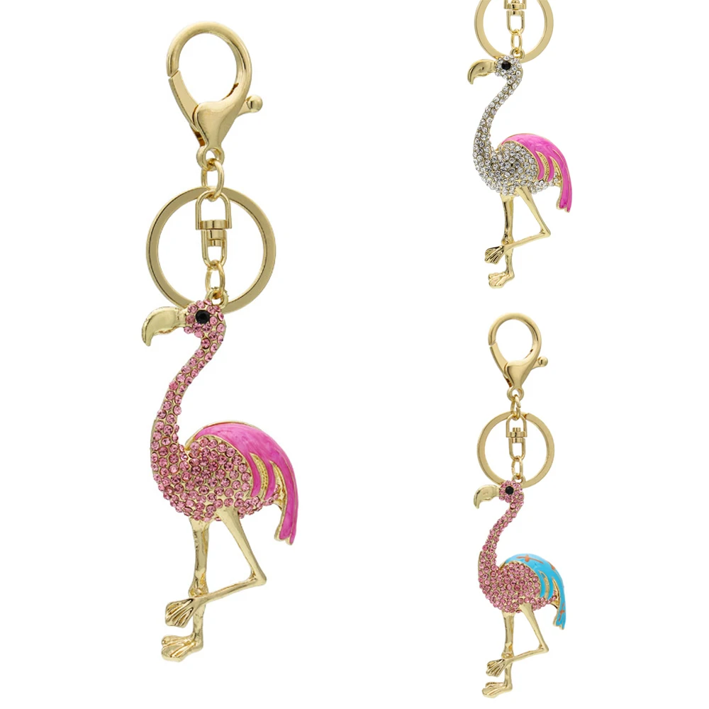 

New Fashion Pink Flamingo Keychain Keyring for Women Gift Three Color Unique Cute Crystal Key Chain Ring