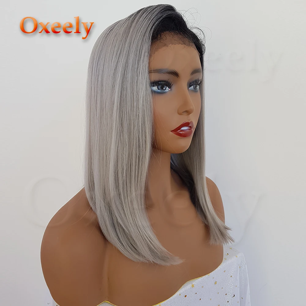 Oxeely Ombre Grey Synthetic Lace front Wigs Free Parting Short BOB Cut