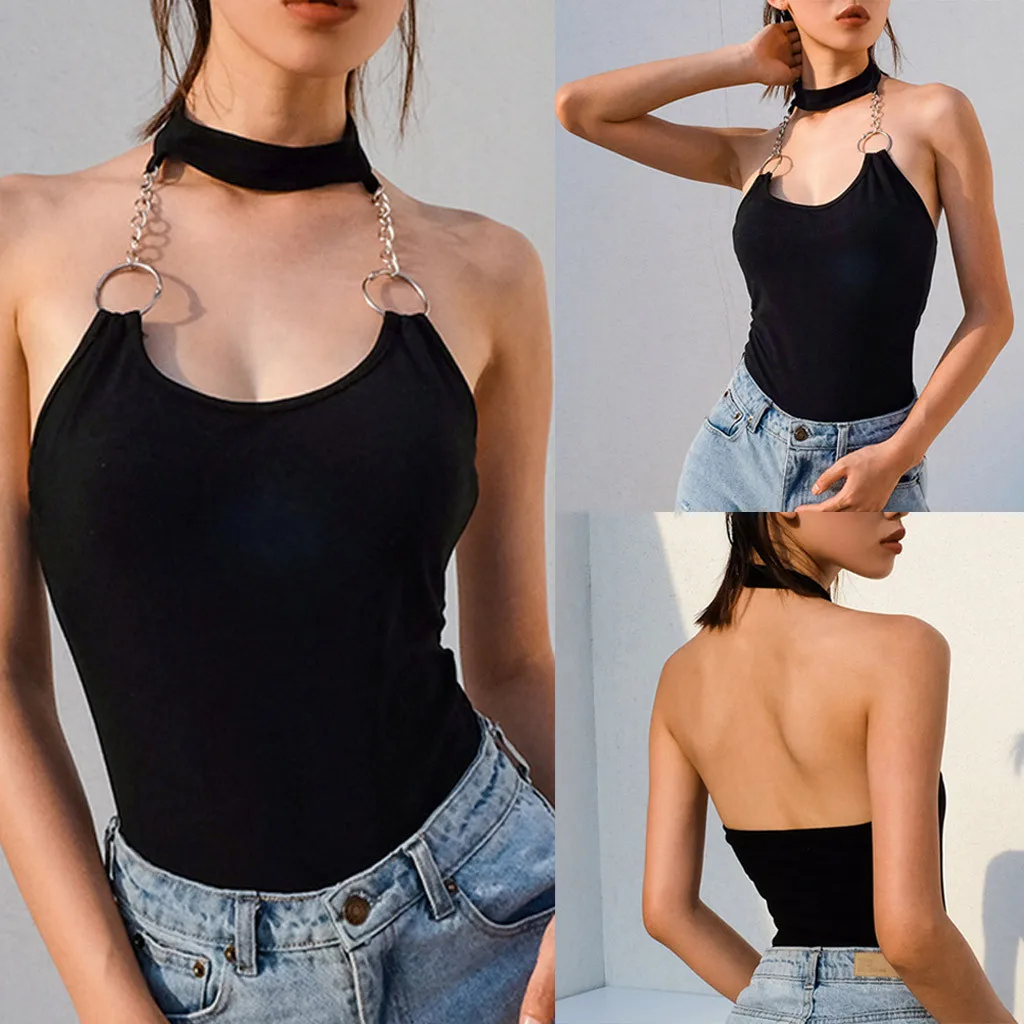 

t-shirt summer women Casual Cotton t shirt femme coton simple Sexy Strapless Halter Halter Slim Fitted Halter T-Shirt Top L0419