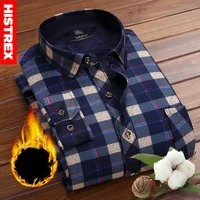 HISTREX Brand Men Shirt Brown Plaid Stripe Business Casual Man Autumn Winter Thick Warm Fleece Man Social Dress Shirts Blue Navy