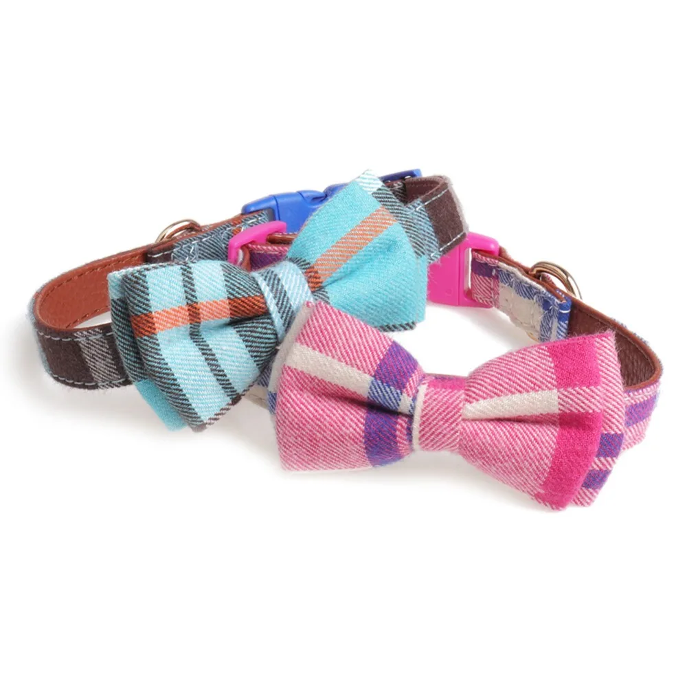 Checked Pattern Fabric Dog Collars with a Separable Bowknot Side