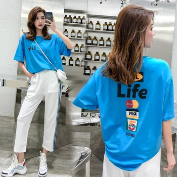 

Summer New Short Sleeve Women Set Letter Print Round Neck T-shirt with Drawstring Ankle-length Pants 2 Piece Female Suit Set 933