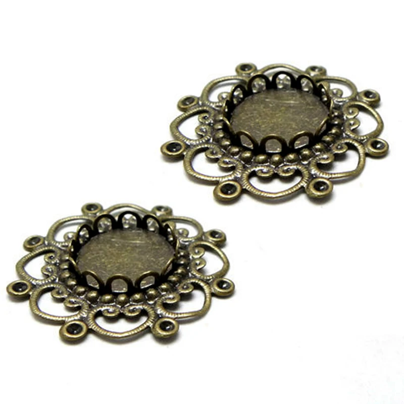 antique bronze silver color AM737 10pcs 12mm round match metal cameo cabochon base settings tray blank flower floral pendant drop charm