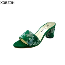 

ZJH 2018 Women Sandals Luxury Sandals Women Genuine leather Peep-toe Sandals Green Party Shoes High 2.5 Inch Plus Size