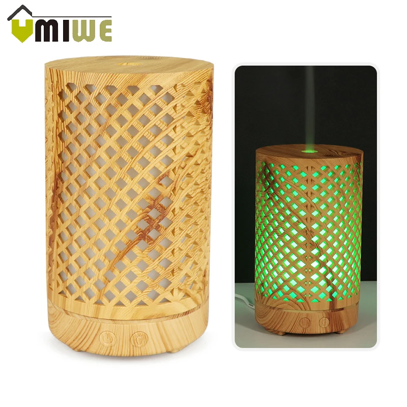 

Wood Grain Hollow Air Humidifier Colorful Mute Aromatherapy Machine Aroma Essential Oil Diffuser for Home Office Bedroom 100ml