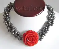 3 Strand Black Freshwater Pearl Red Rose Flower Clasp Necklace for Woman