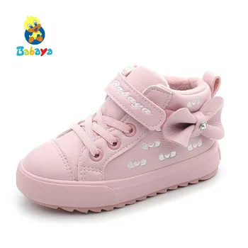 

babaya 2018 New Winter Shoes Girls Artificial Leather Boots Lovely Butterfly-knot Princess Shoes Warm Girls Cotton-padded Shoes