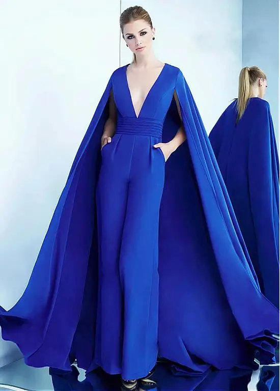 

Unique Royal Blue Jumpsuits Evening Dress Plugging Neckline Dubai Long Prom Dresses With Caped vestidos de fiesta de noche Longo