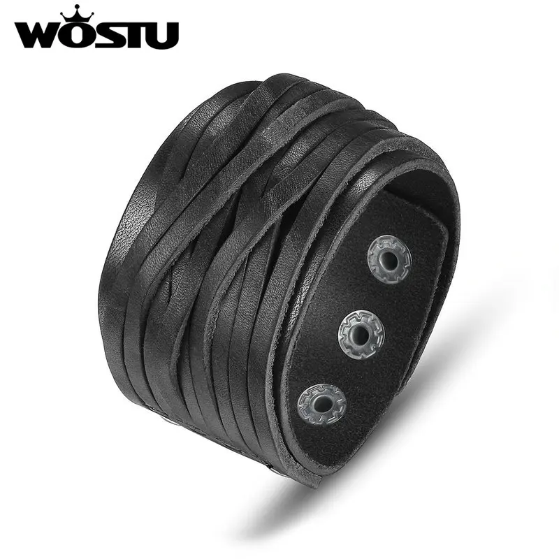 WOSTU Hot Sale Genuine Leather Wrap Vintage Black Bracelet & Bangles For Men Women Luxury High Quality Jewelry Unisex XCJ0337