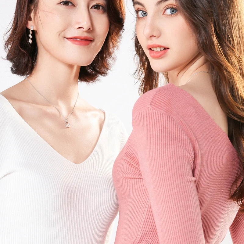 

2019 Spring And Autumn Fashion Women Cashmere Wool Knitted Sweater With Double V-Neck Before and After Pullover Basic Sweater