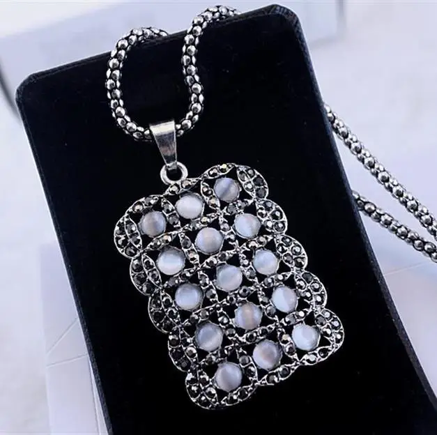 Opal Crystal Square Pendant Long Popcorn Chain Necklaces for Women Fashion Sweater Jewelry Free Shipping | Украшения и аксессуары