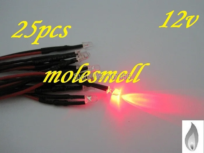 

Free shipping 25pcs 3mm red Flicker 12V Pre-Wired Water Clear LED Leds Candle Light 20CM