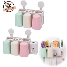 Пшеничная солома PP ABS настенный держатель для зубных щеток для полоскания горла 3 чашки дозатор для зубной пасты подвесная присоска Ванная комната инструмент