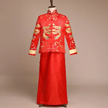 

Asian Bridegroom Wedding Tang Suit RED Traditional Chinese Men Long Robe Gown Dragon Embroidery Oriental Marriage Clothing