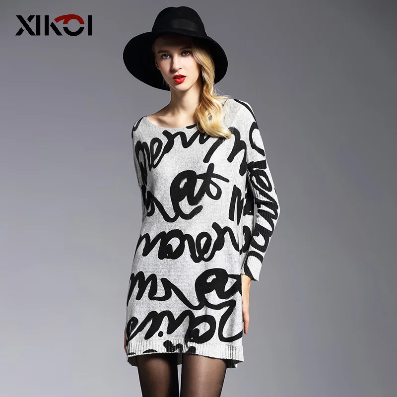 XIKOI New 2017 Winter Oversized Sweater Women Pullover Fashion Batwing Sleeve Print Pullovers Knitted Jumper Woman Sweaters | Женская