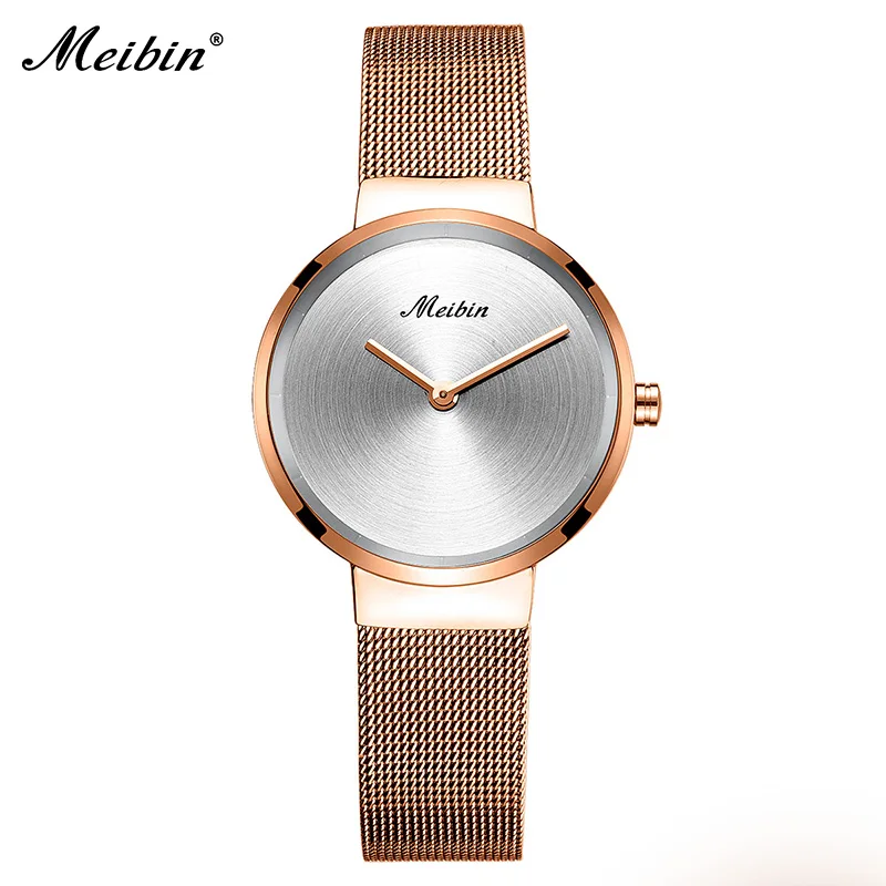 Meibin Лидирующий бренд Модные женские туфли кварцевые часы повседневное нержавеющая сталь сетки дамы наручные часы большой циферблат