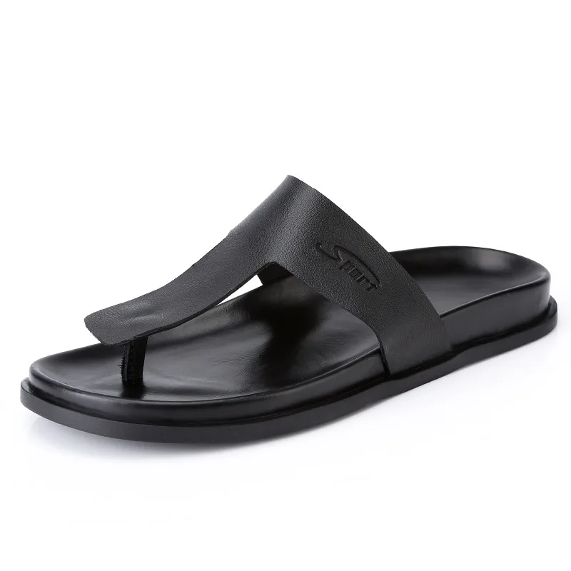 

Men Genuine Leather Slippers Summer Beach Sandals Designer Flip Flops High Quality Breathable Waterproof Non-slip Slides Black