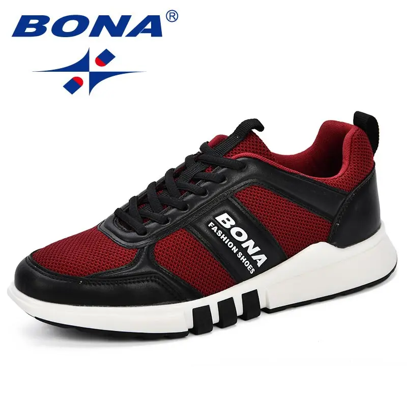BONA/ стиль; Мужская прогулочная обувь; осенние кроссовки; Уличная обувь средней высоты; спортивная обувь уникального дизайна; дышащая удобная обувь для бега - Цвет: DARK RED BLACK
