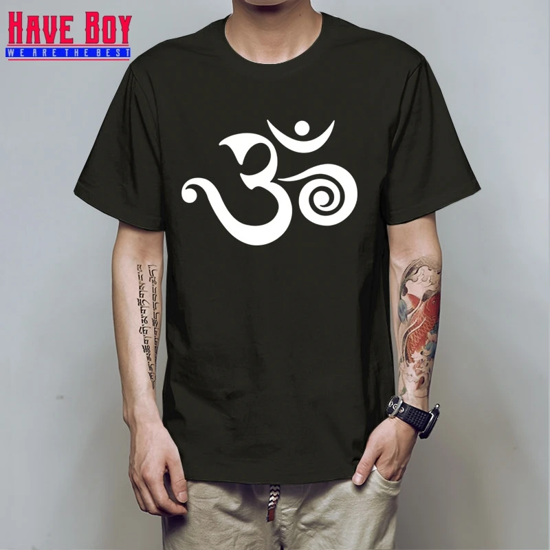 

HAVE BOY Men Aum Om Art Symbol T Shirt OM MANI PADME HUM Short Sleeve O-neck Buddhism Cool Cotton Men HB385