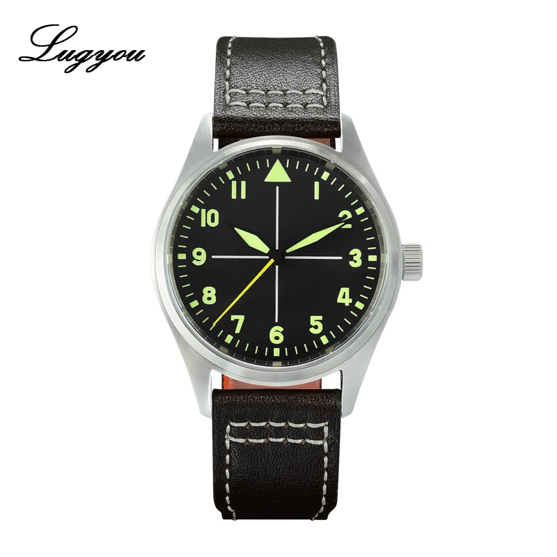 

LUGYOU San Martin Pilot Flight Watch for Men Automatic Watch Stainless Steel 20Bar NH35 Leather Strap C3 Green Luminous 39mm