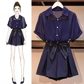 

Fashion 2019 Summer Women Navy Three Piece Set Casual Tops Shorts Office Lady Suit Solid Work 3 Piece Set