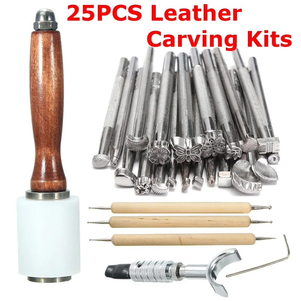 

Hot 25Pcs/Set Manual Leather Craft Stamping Carved Wooden Hammer Embossing Tools Kit FQ-ing
