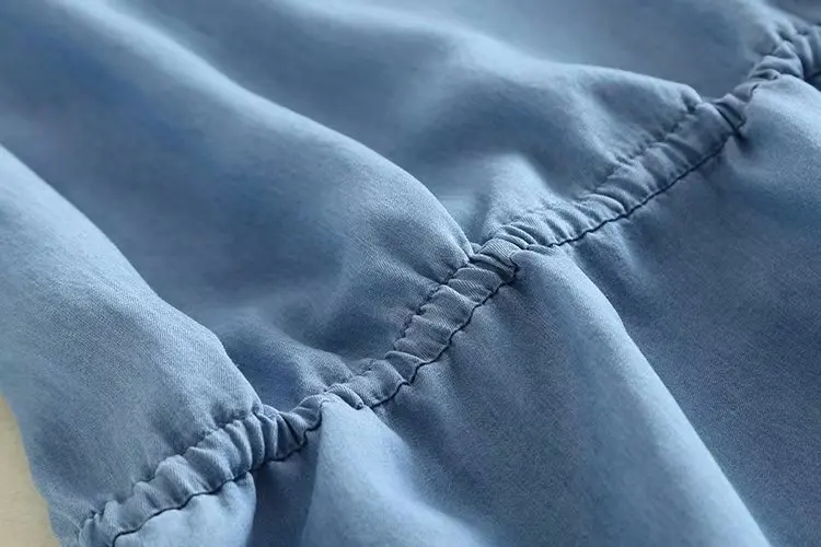 Летнее вышитое мягкое джинсовое платье со спущенными плечами длиной до колена, с завязками на талии, плиссированные джинсовые платья, повседневные синие платья с короткими рукавами