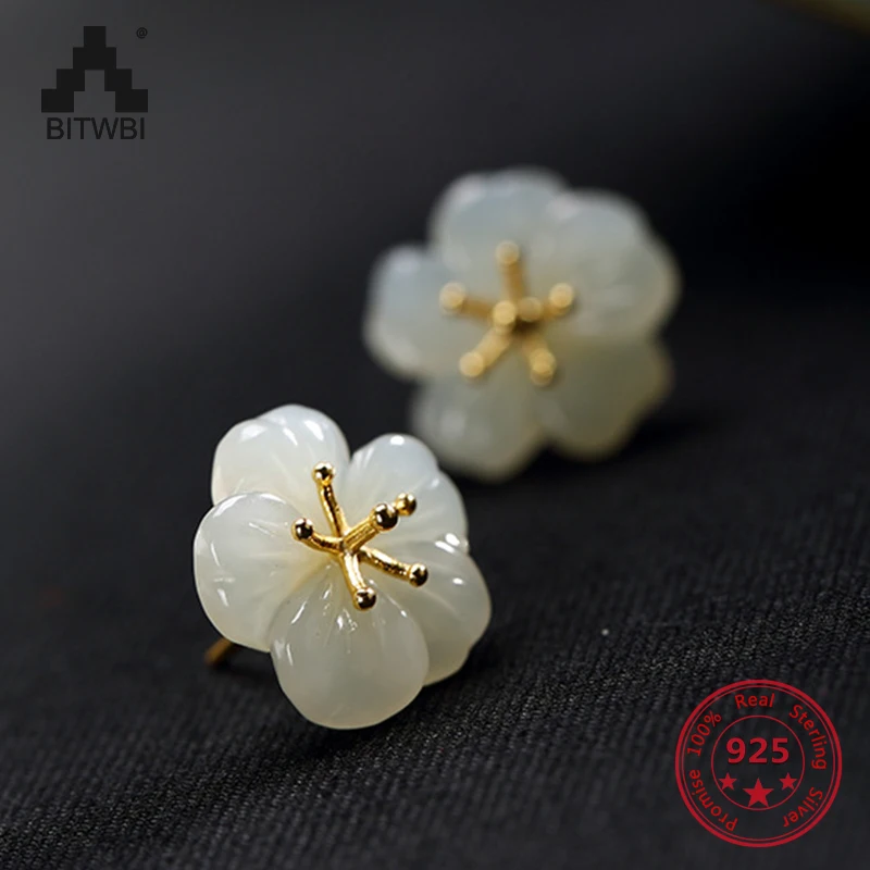 

Top Quality 925 Sterling Sliver Plum Jade Flower Women Dangle Earrings Fashion Elegant Pendant Earring Jewelry Gift for Lady