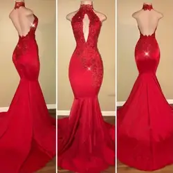 Красный Русалка платья для выпускного вечера для африканского черного девочек 2019 Праздничное платье Sexy спинки Холтер кружева