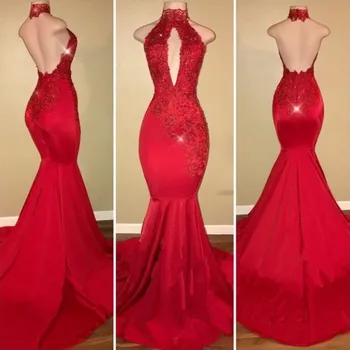 

Red Mermaid Prom Dresses for African Black Girls 2020 Vestido De Festa Sexy Backless Lace Runway Fashion Party Gowns
