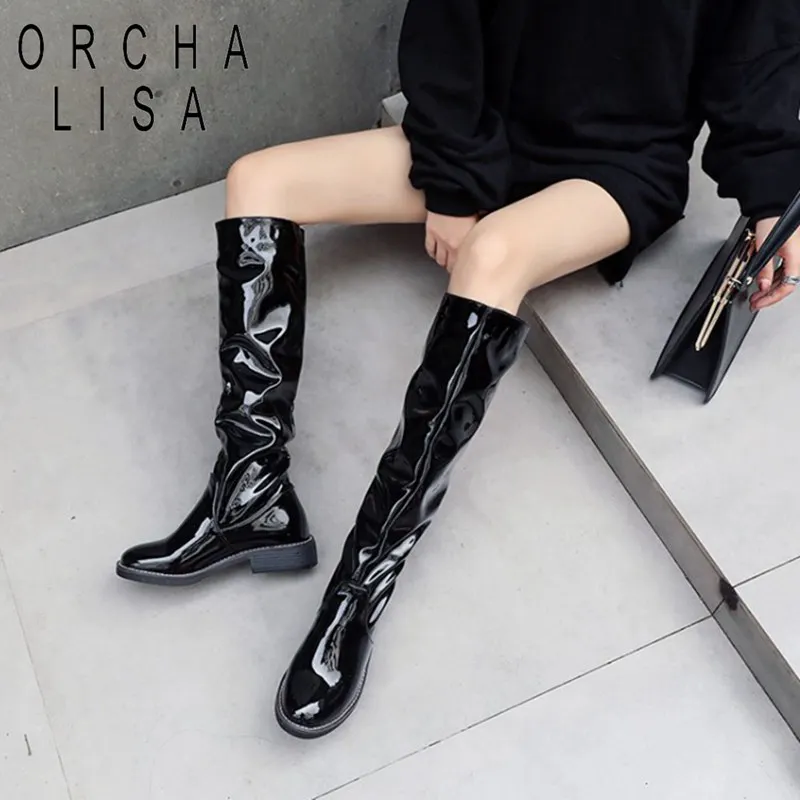 

ORCHA LISA Woman pleated long boots low heel knee high boots block heels black Booties female winter work shoes patent leather