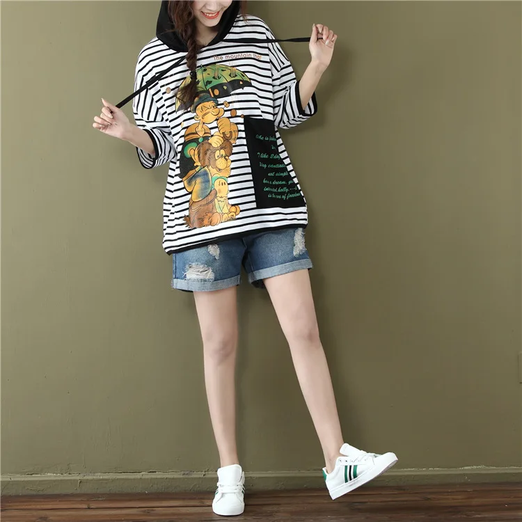 

2019 Summer Plus Size Loose T-shirt New Half Sleeve Print Hooded Striped Pockets Cute Cartoon Women's Tee Tops