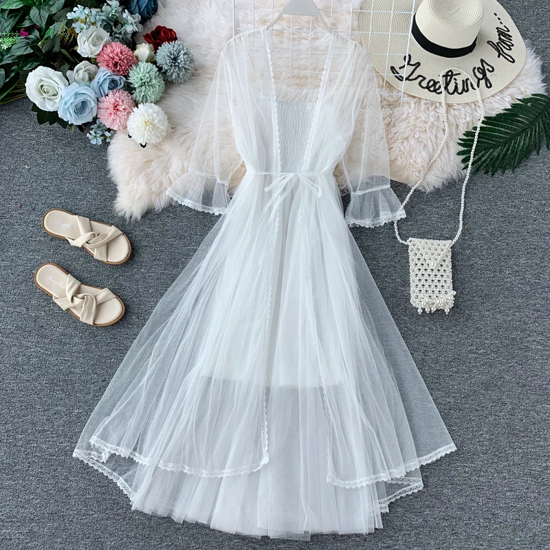 

FMFSSOM New Mesh Midi Women Dress Casual Elegant Tulle Lace Medium Long A-line High Waist Female White Dresses