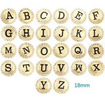 

Wholesale 260pcs Alphabet 18mm gold snap button with rhinestones A-Z letter snap button charms fit snap bracelets for women